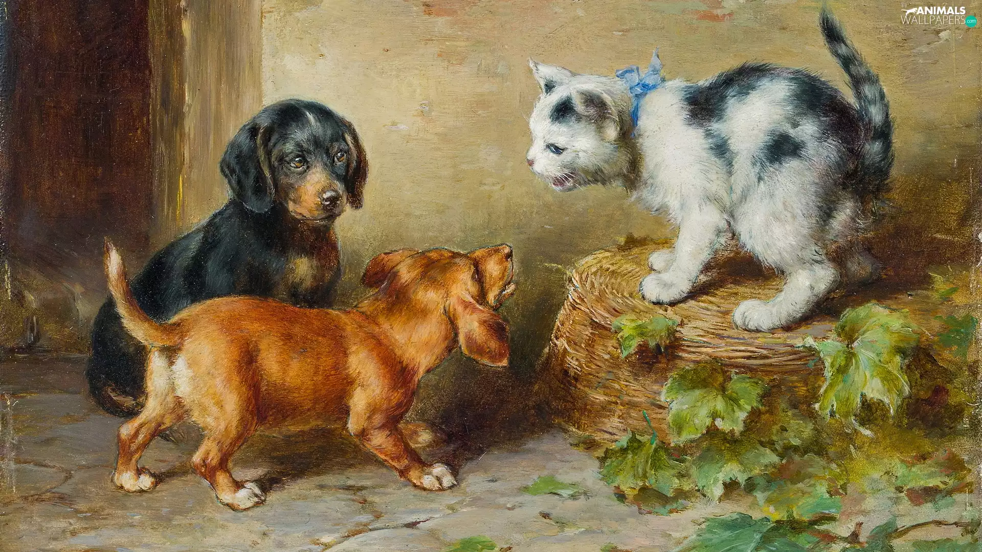 Carl Reichert, painting, cat, basket, Dogs, picture