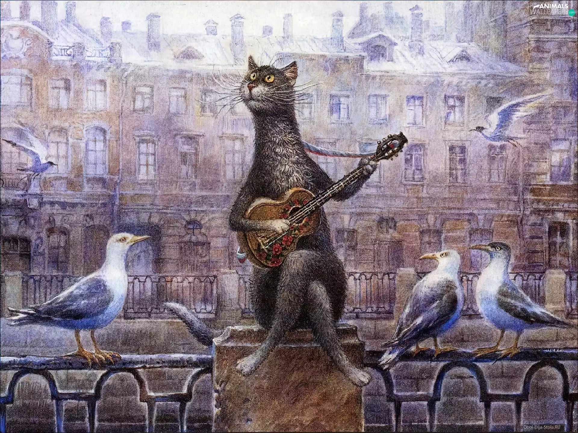 Guitar, Deep, picture, cat, włodzimierz rumiancev