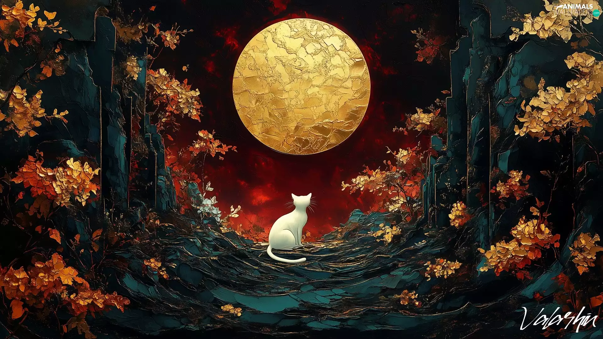 forest, moon, viewes, White, trees, Night, graphics, cat