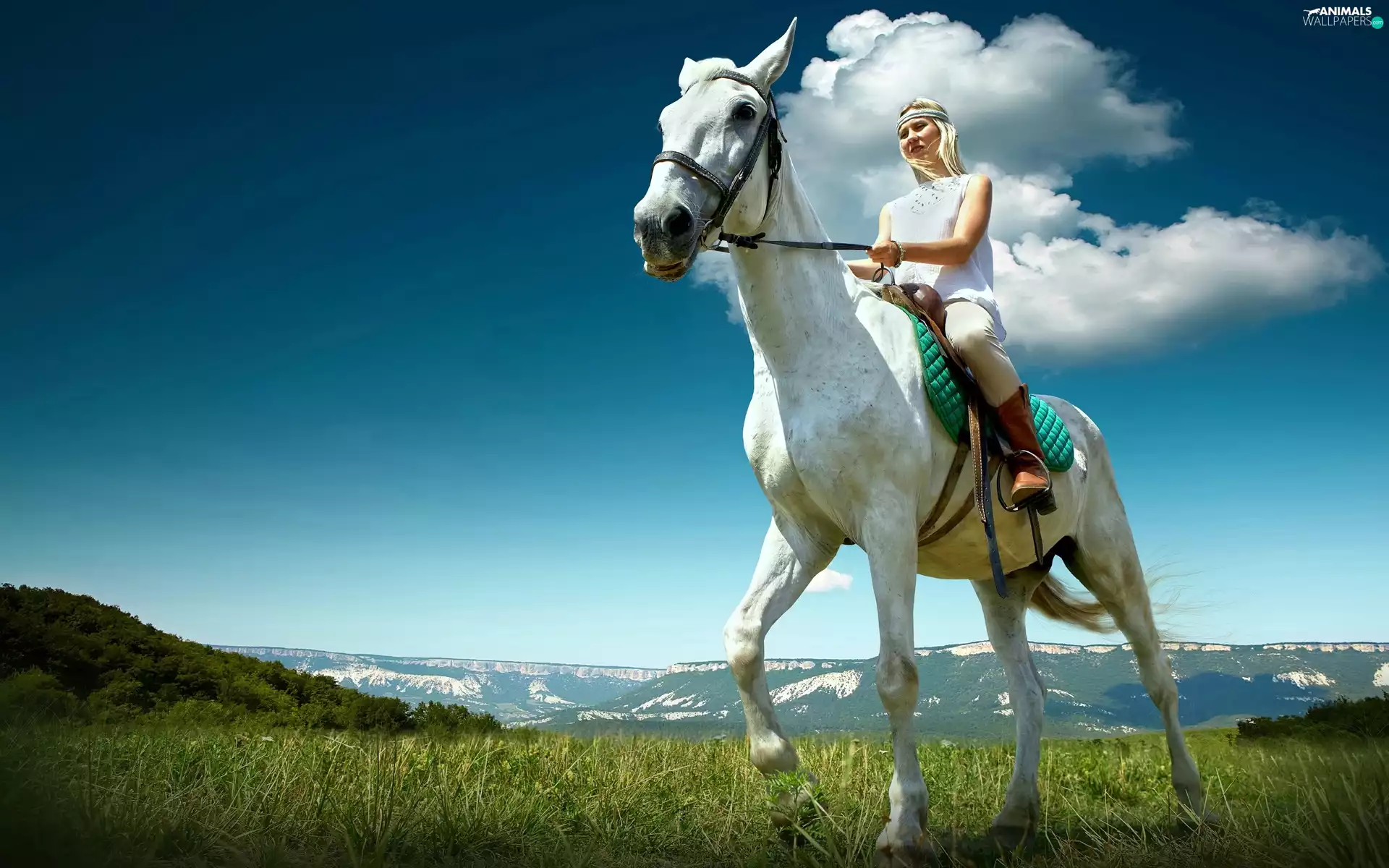 Mountains, clouds, Meadow, Horse, Women