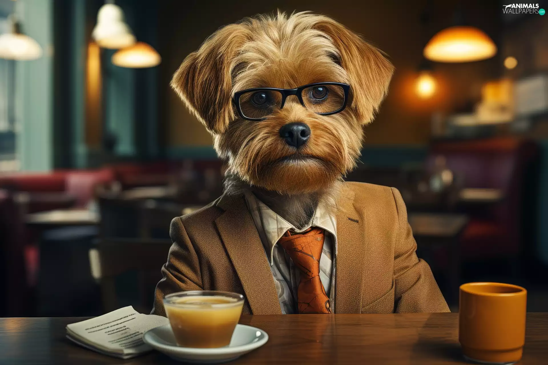 Tie, clothes, coffee, Coat, dog, Glasses, graphics