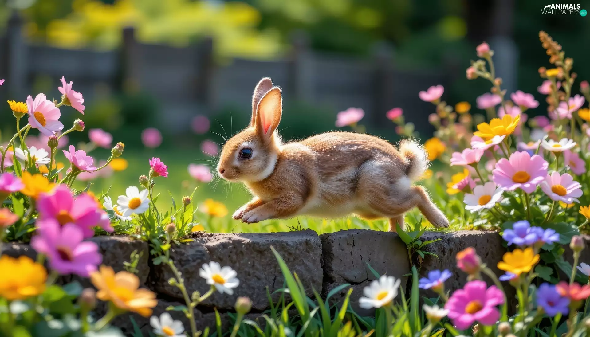 Rabbit, Flowers, ledge, color