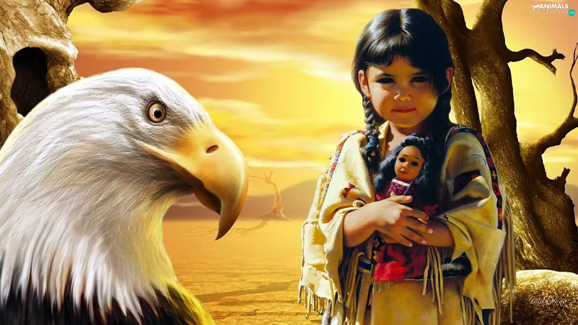 doll, small, American Bald Eagle, 2D Graphics, trees, Indian