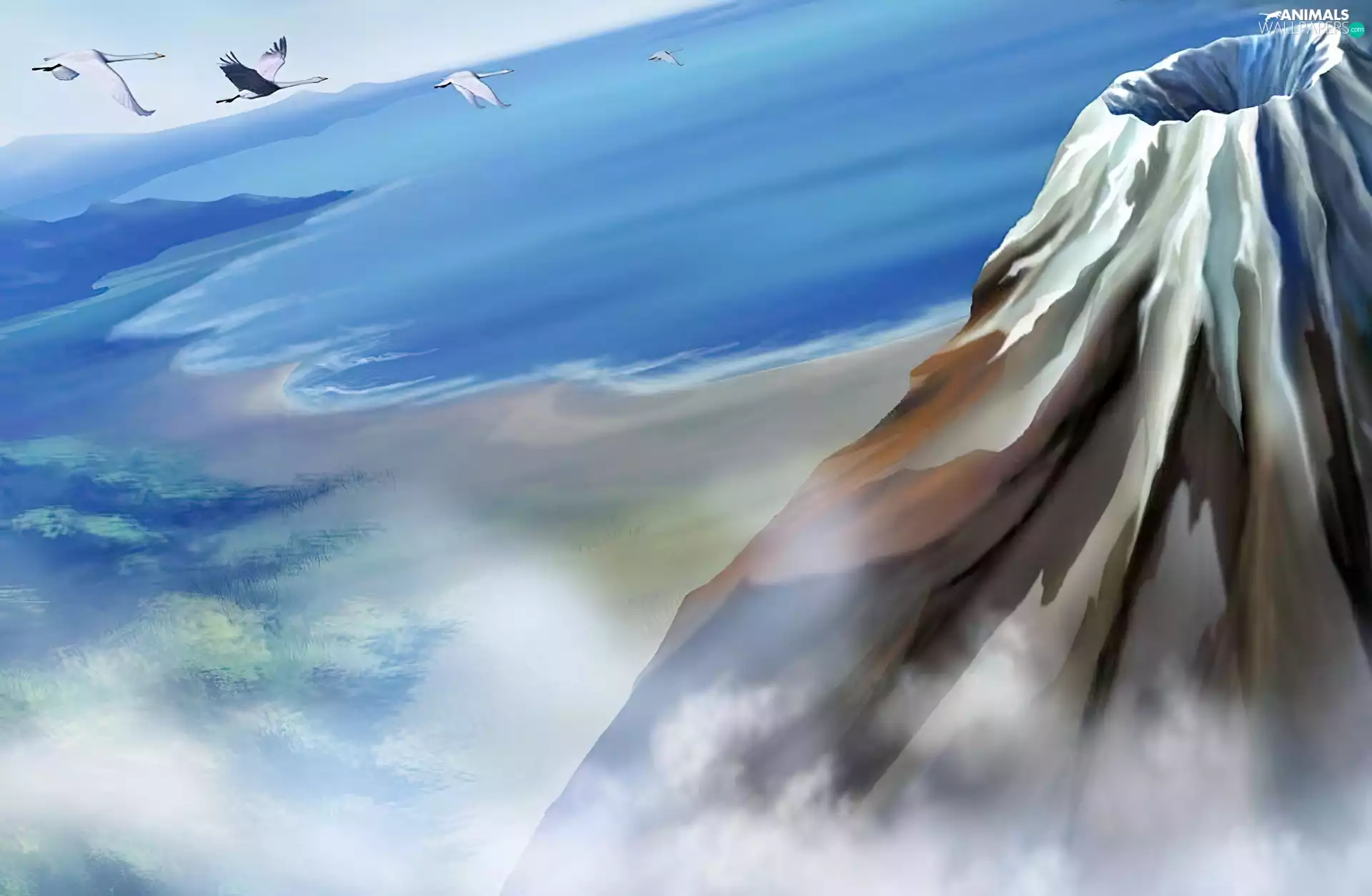 Drawing, volcano, birds