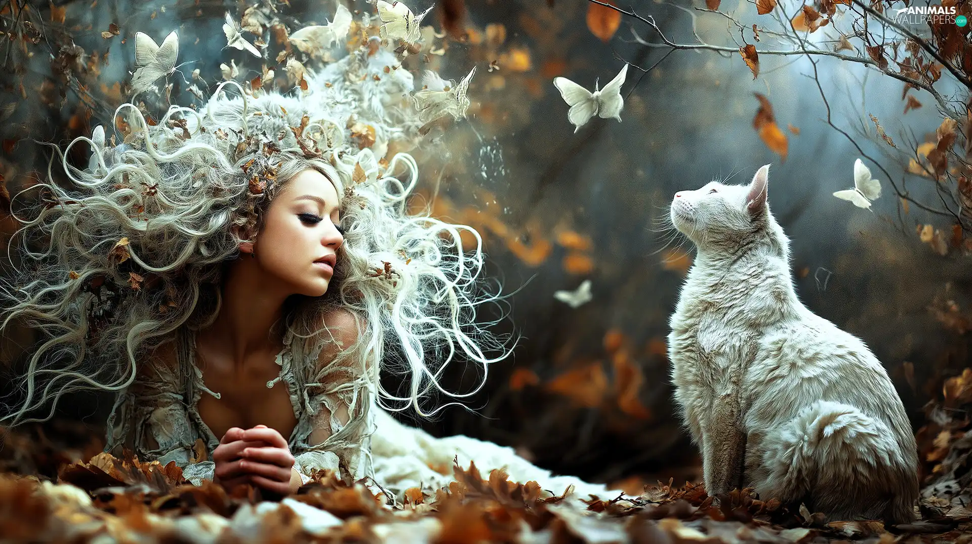 butterflies, White, autumn, cat, girl, Leaf, White dress
