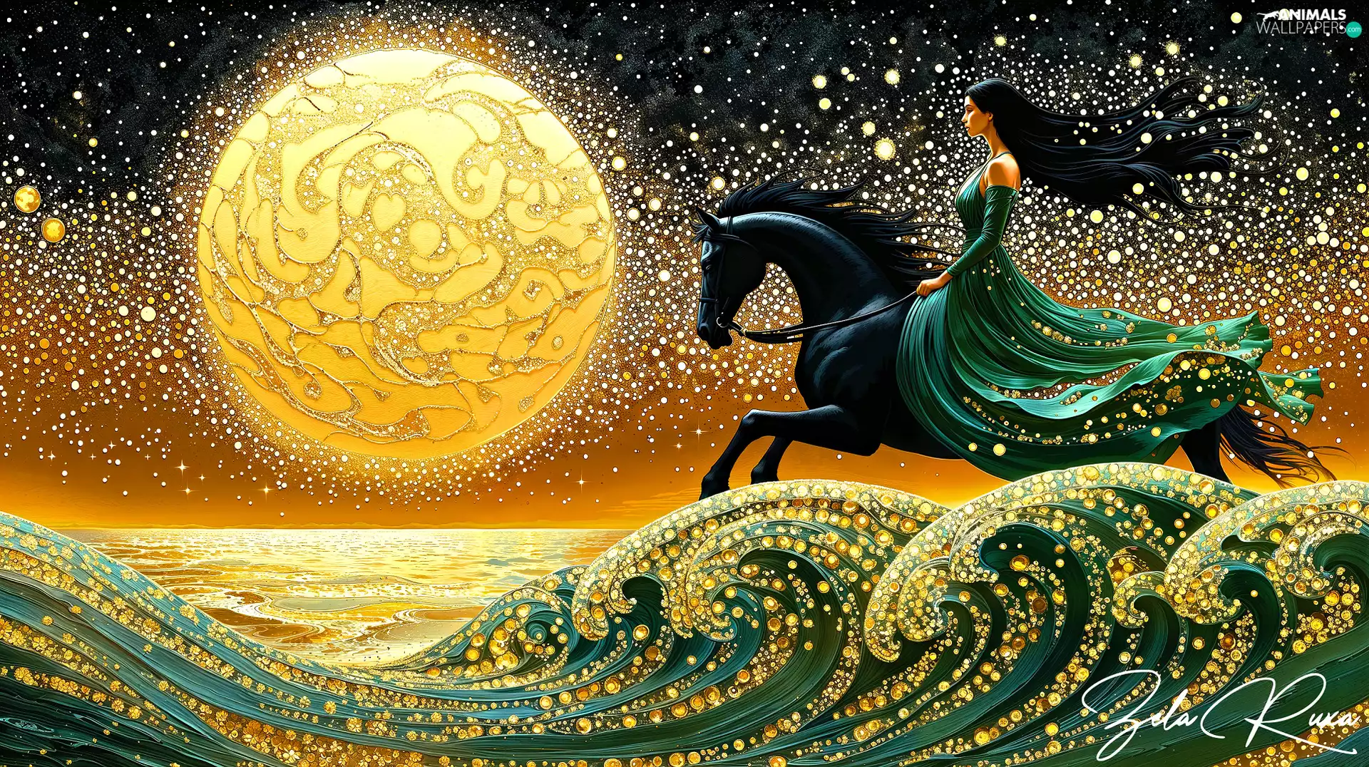 Black, Green, sun, Dress, Women, Horse, Waves