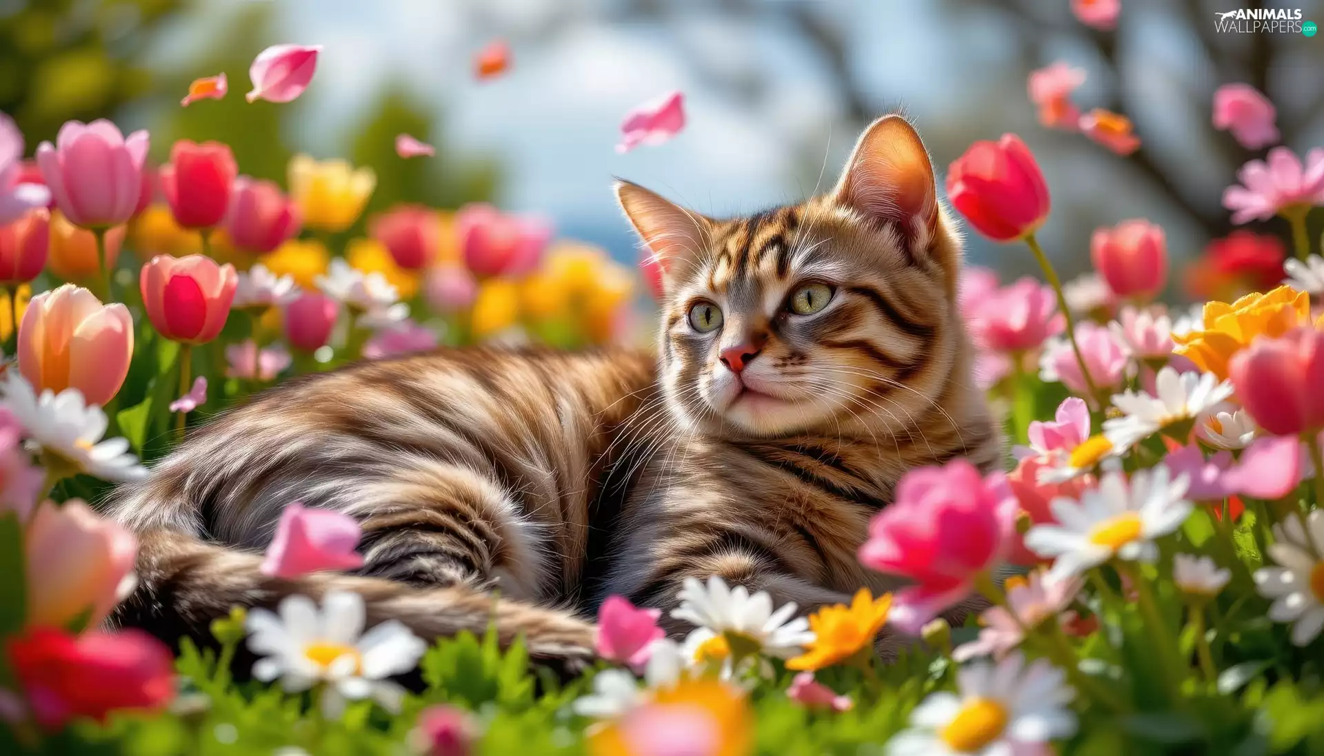 cat, Flowers, Tulips, dun