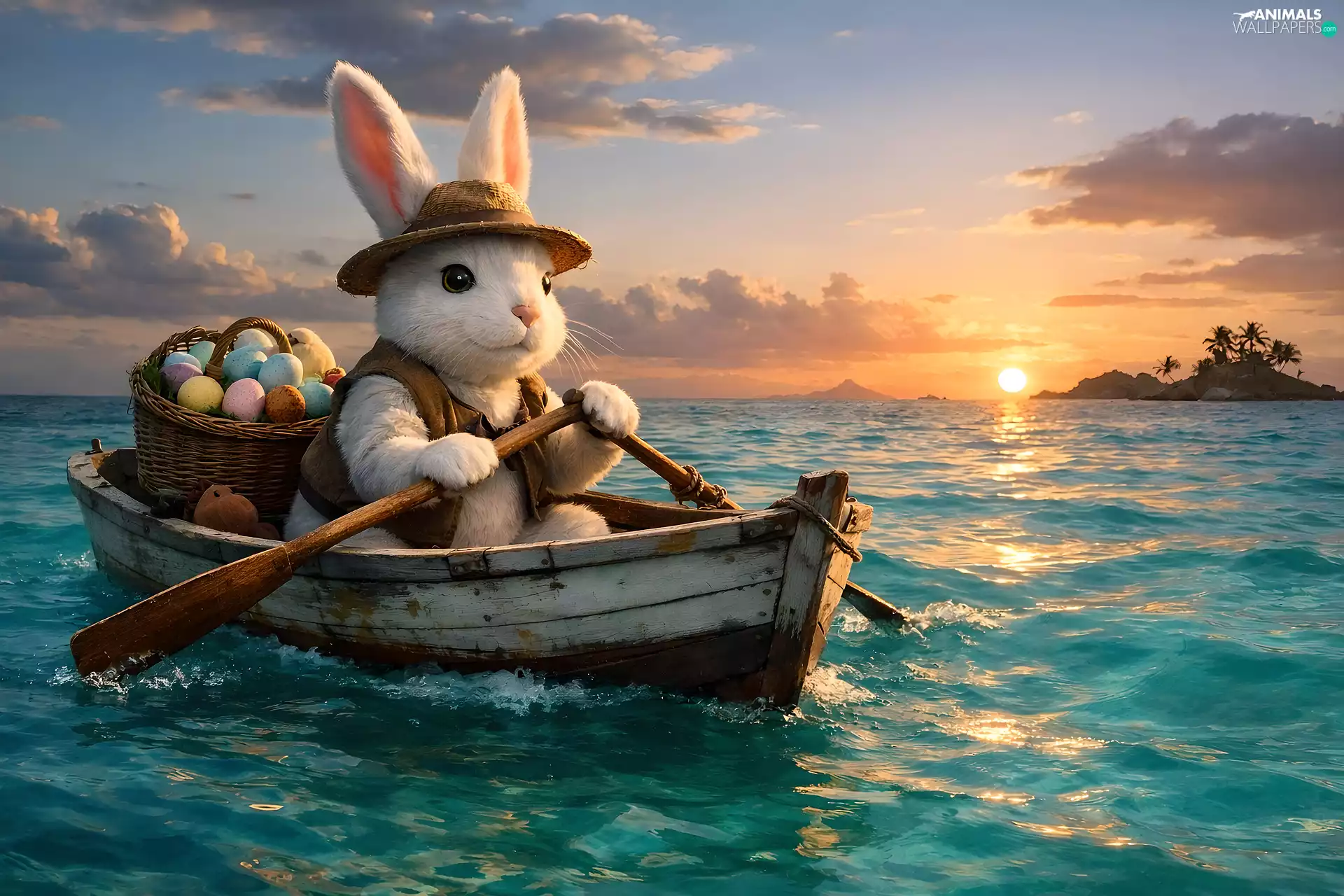 basket, Hat, sea, Boat, Wild Rabbit, eggs, Easter