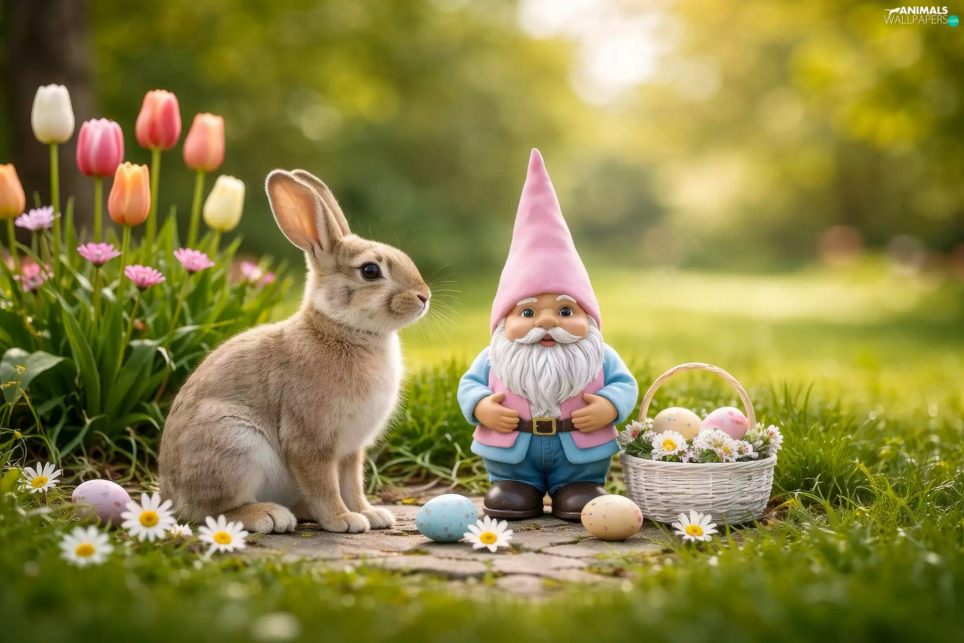 dwarf, Easter, basket, eggs, Tulips, Wild Rabbit