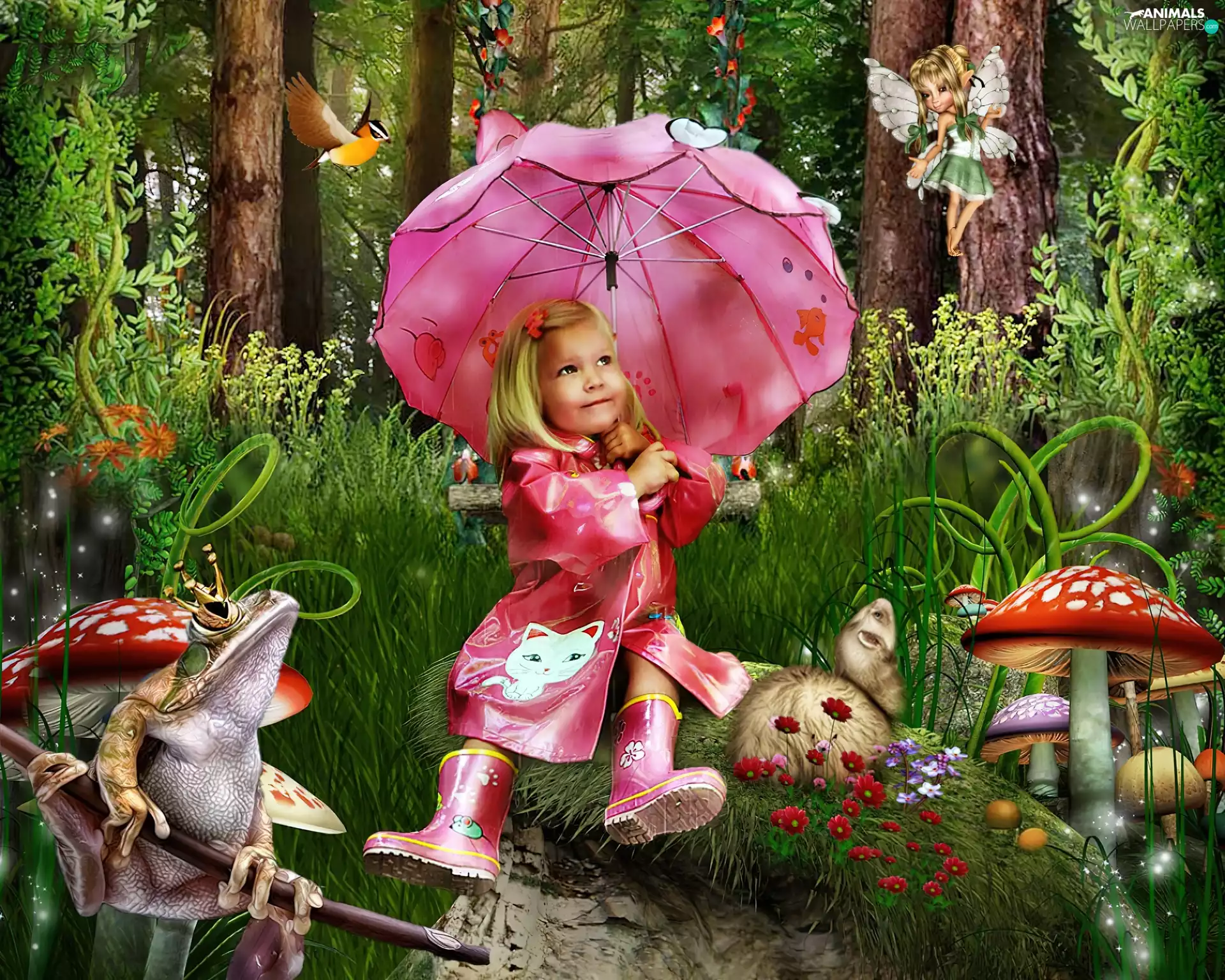 girl, forest, animals, Enchanted