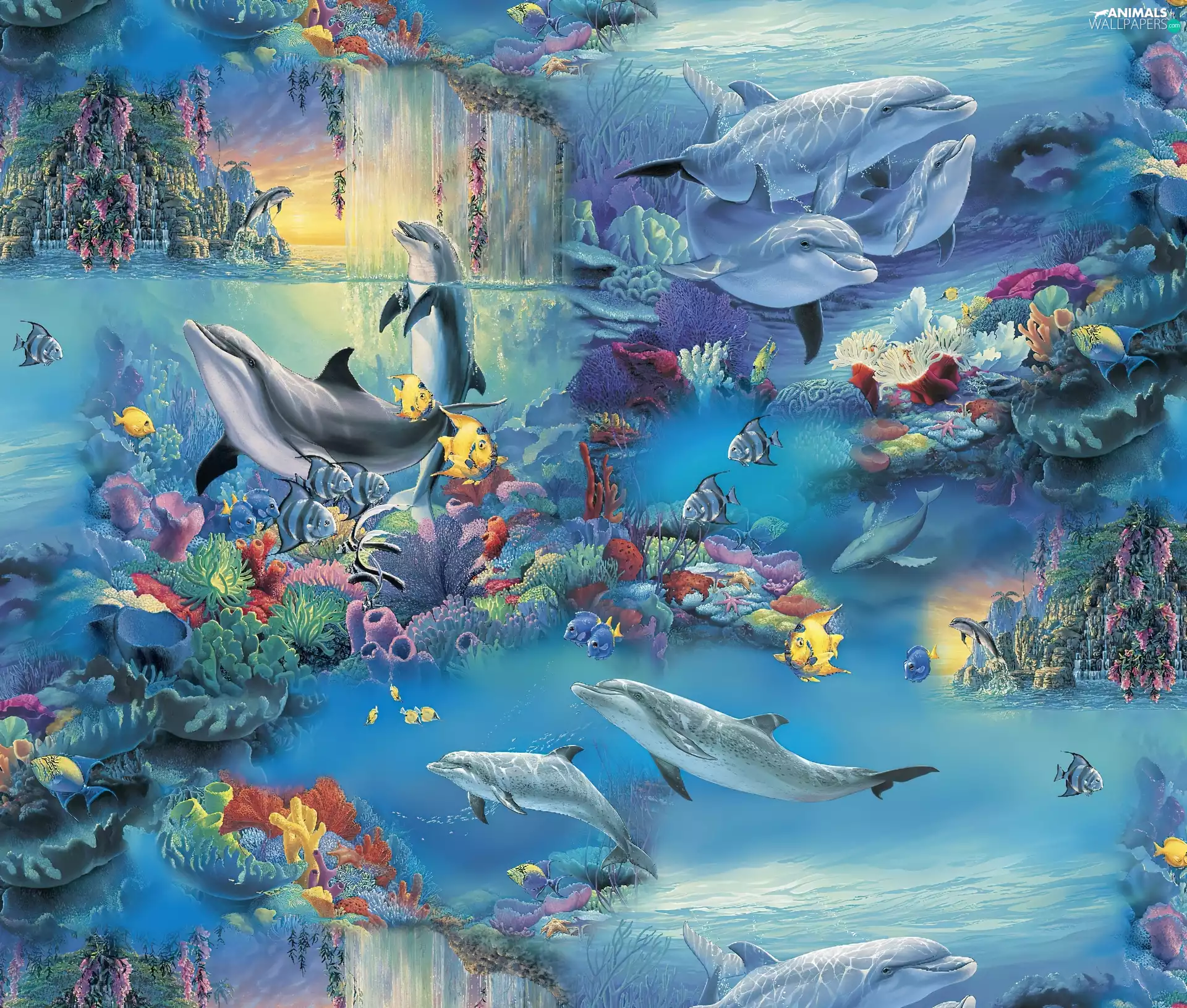 Art, fantasy, fishes, Ocean, dolphins