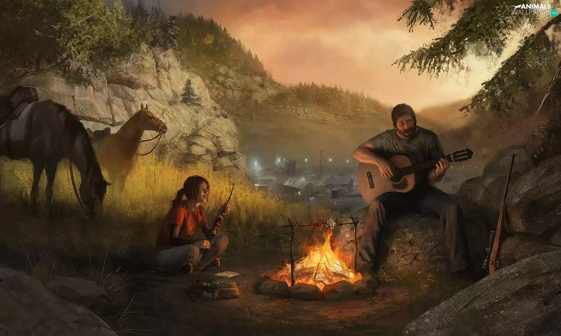 fire, girl, Mountains, a man, bloodstock, picture, painting, Guitar