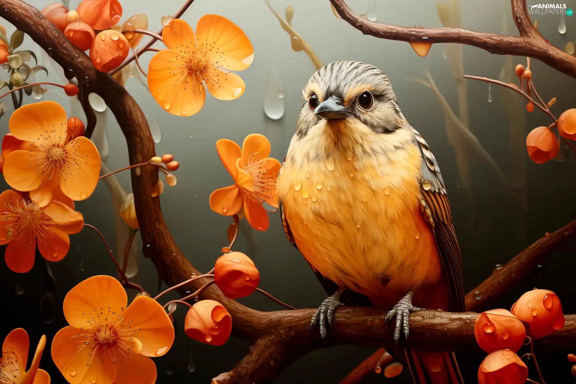 Bird, drops, branch, Flowers