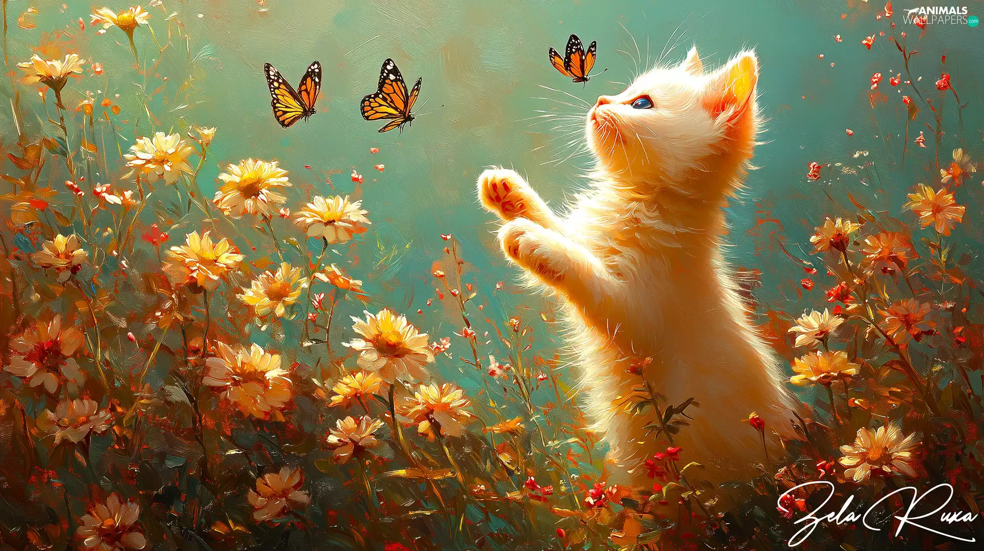 Flowers, cat, butterflies