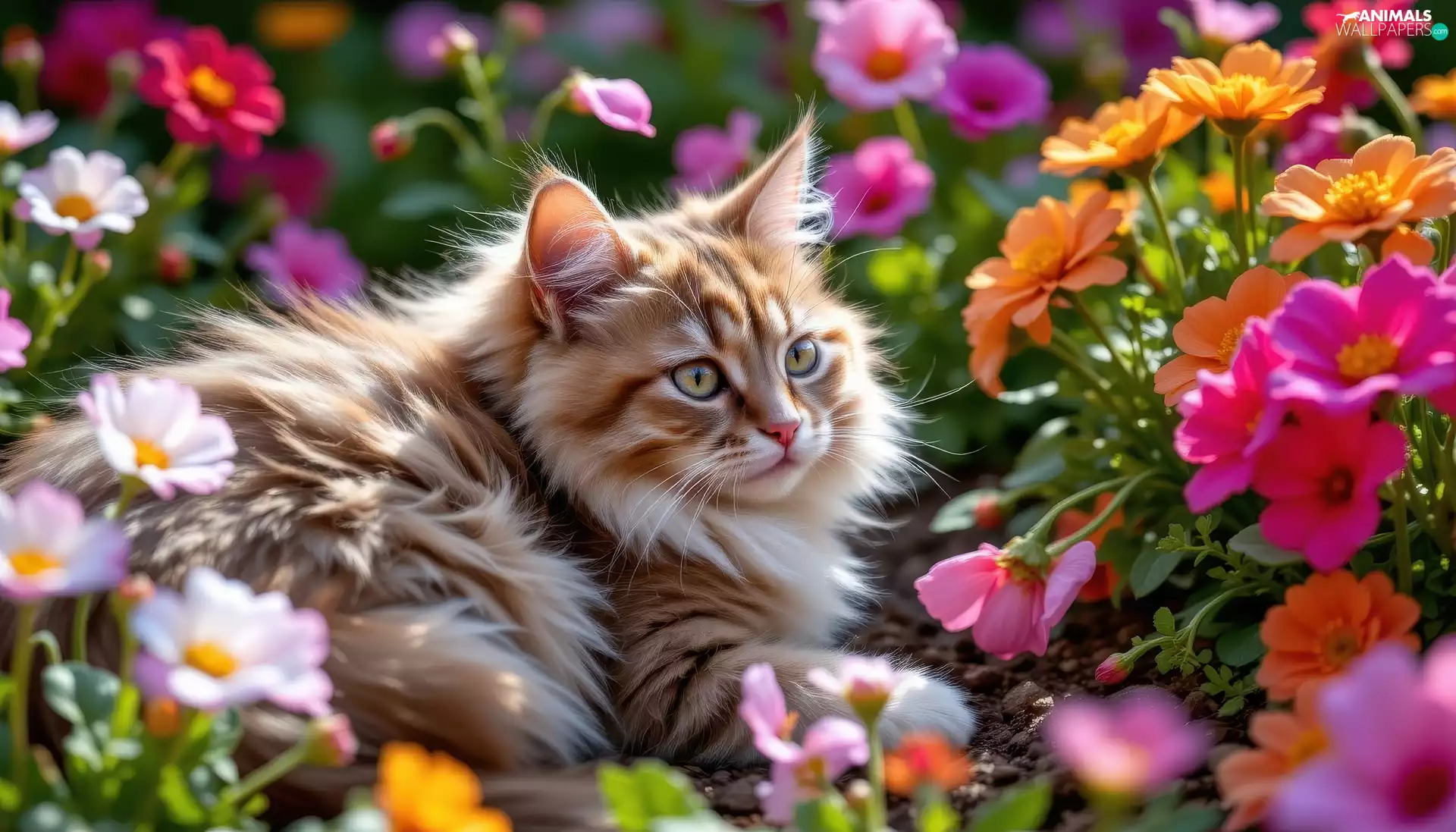 color, Flowers, cat, fluffy, lying