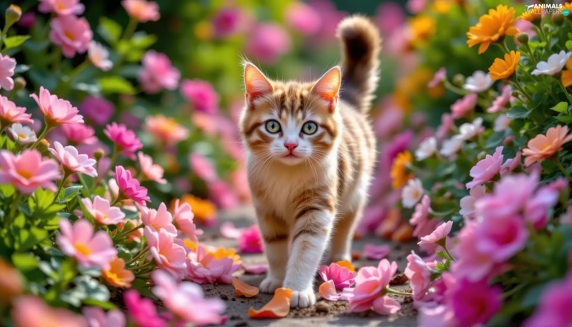 white and red, Flowers, Path, cat