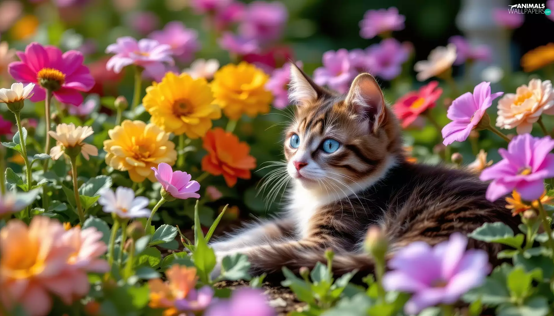 Brown and white, Flowers, color, cat