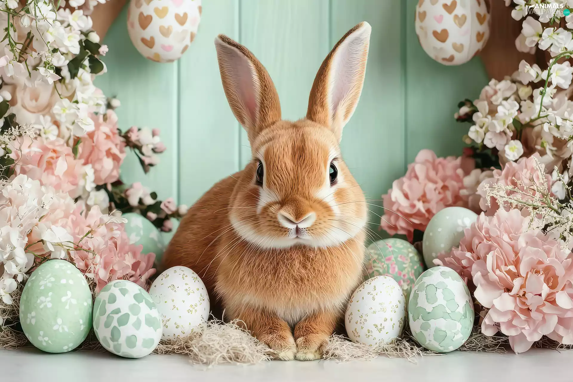 eggs, Flowers, ginger, Rabbit, Easter
