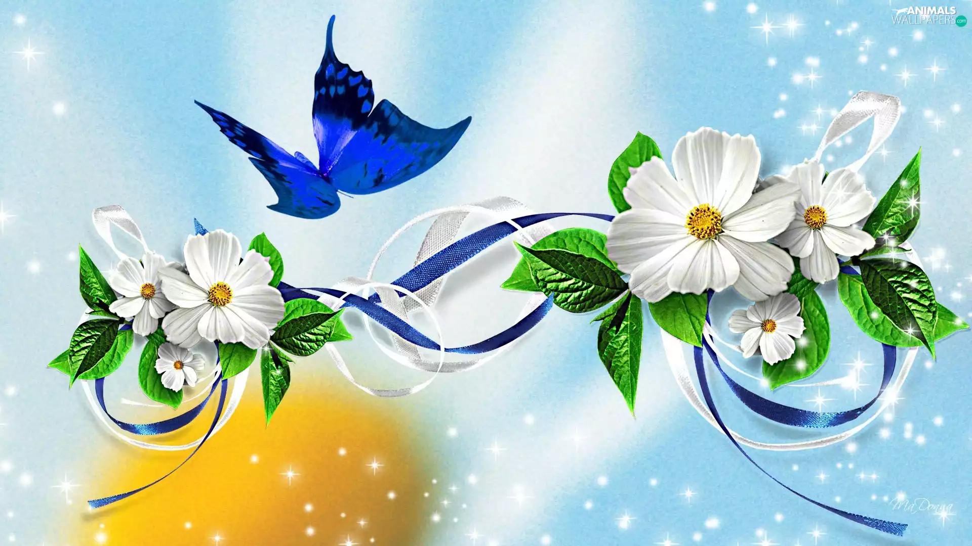 graphics, blue, butterfly, Flowers