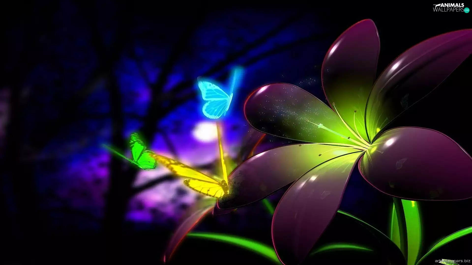 Colourfull Flowers, Neon, 3D, butterflies