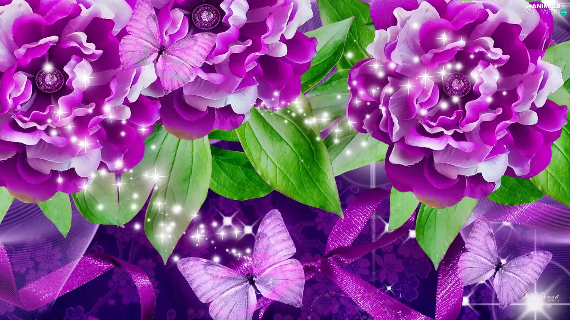 Purple, butterflies, Art, Flowers