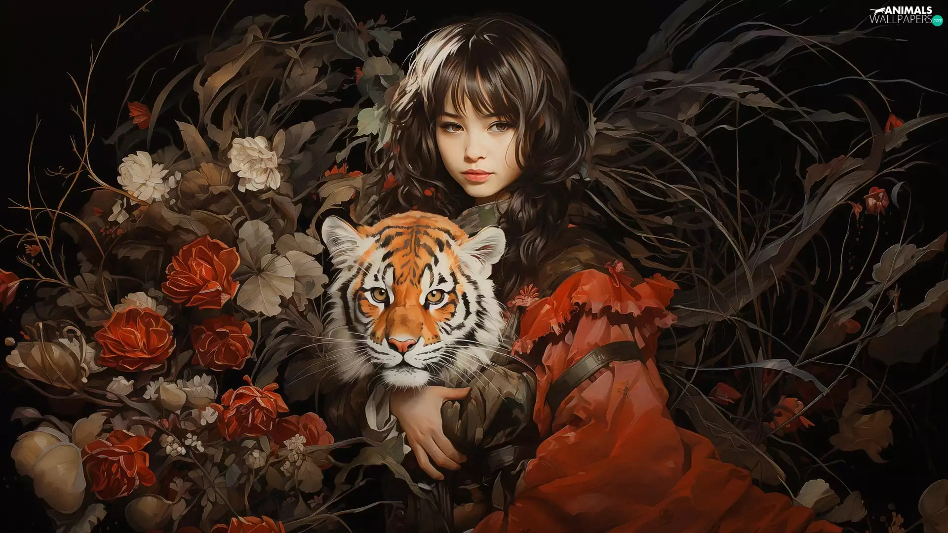 Flowers, girl, tiger