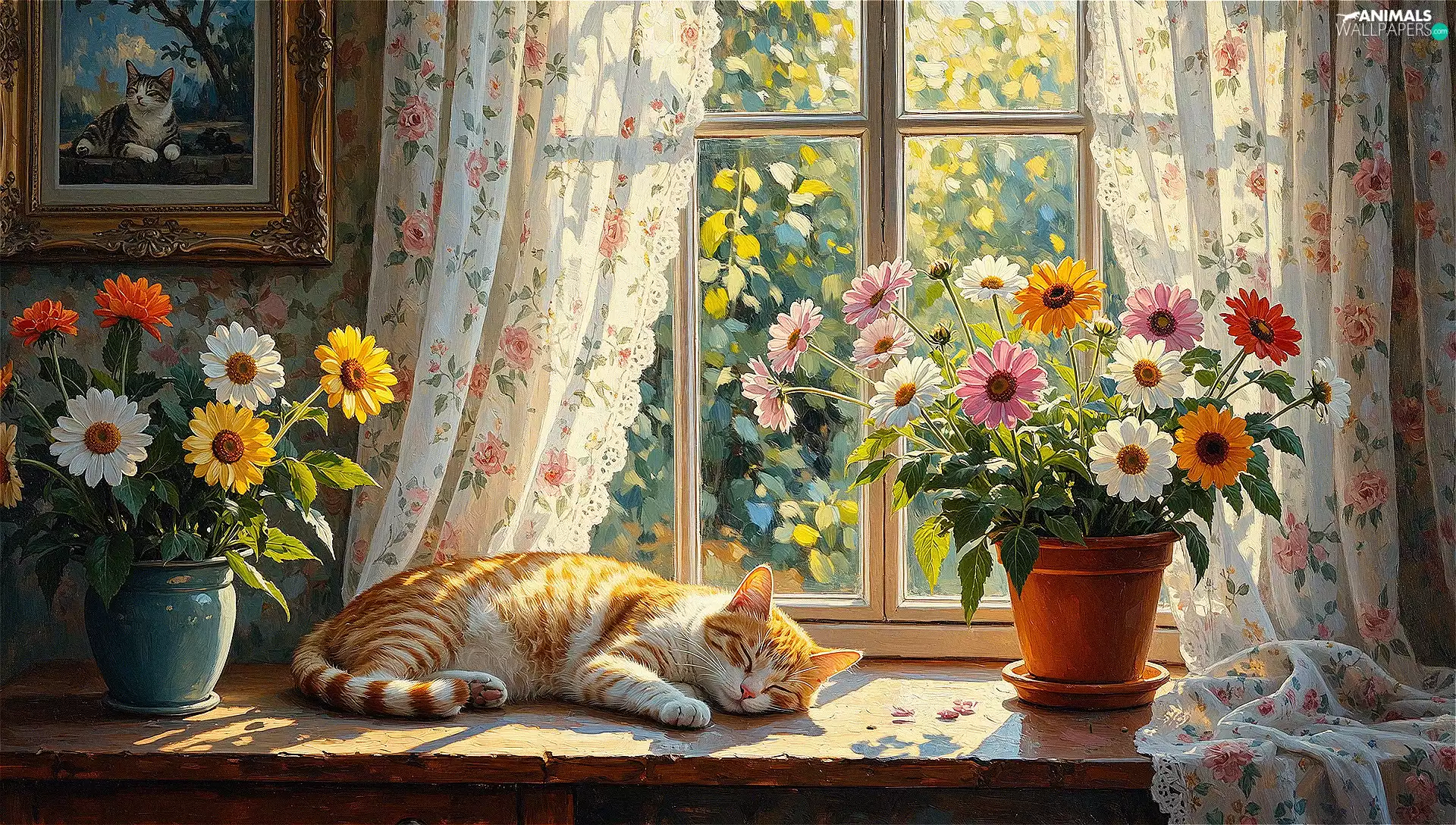 cat, parapet, Vase, Window, pot, sleepy, ginger, Flowers