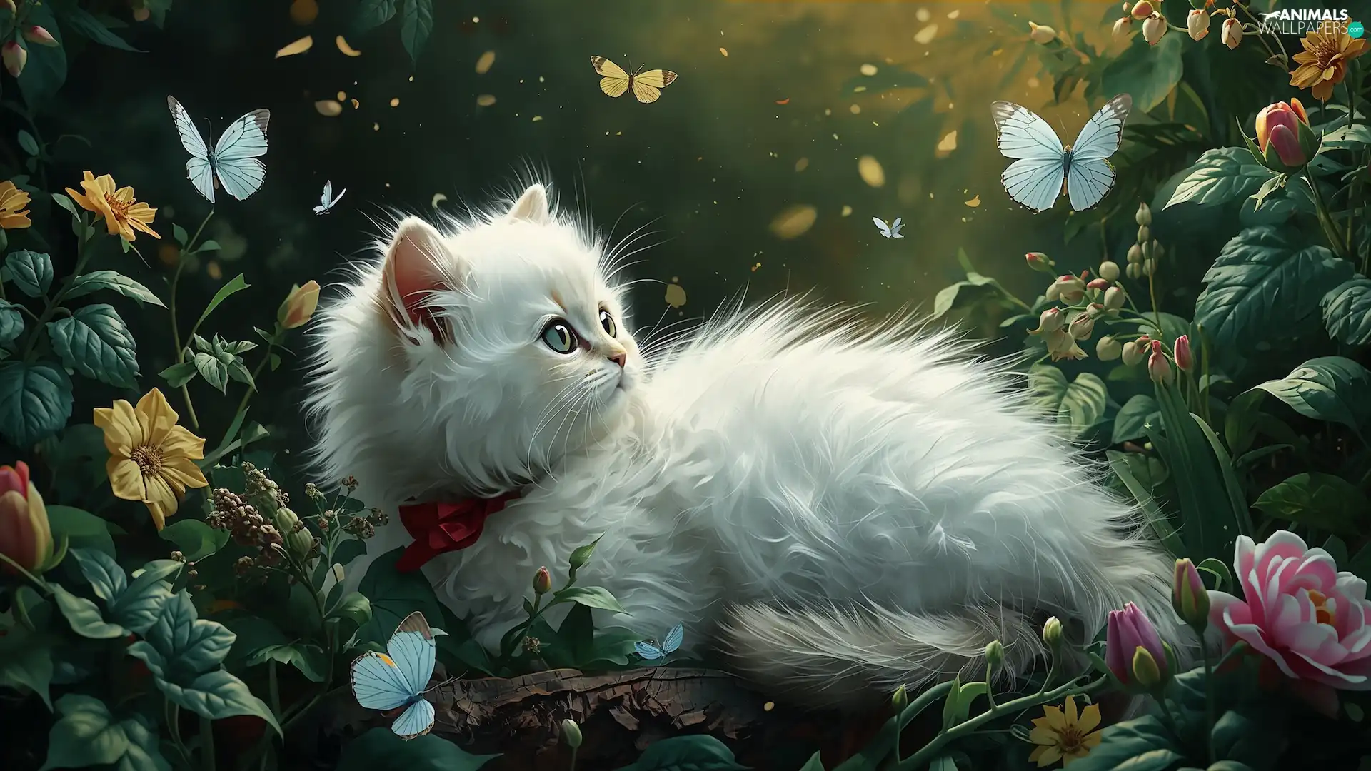 color, White, butterflies, fluffy, cat, Flowers, Ai