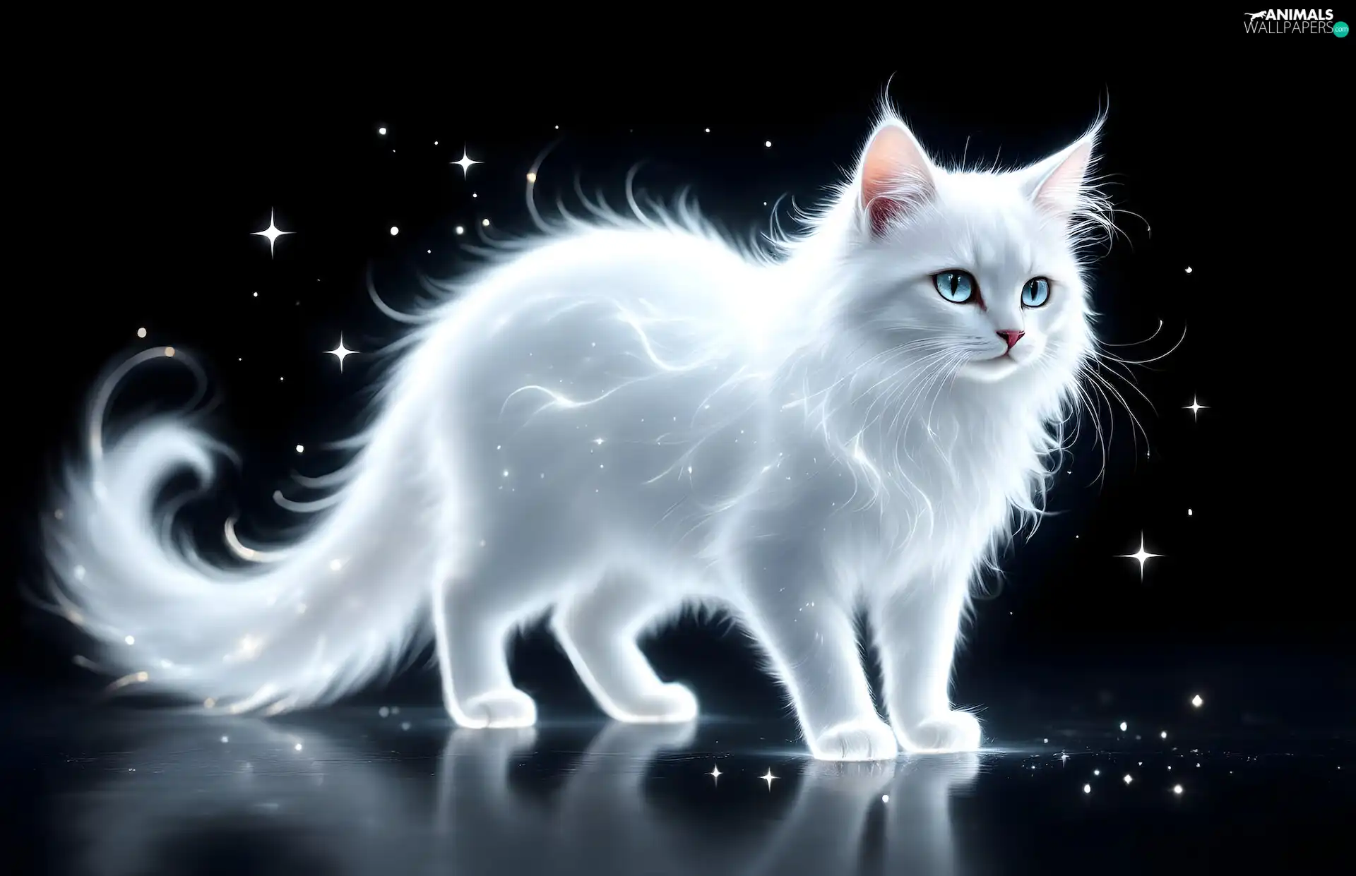 Black, White, reflection, fluffy, cat, background, Ai