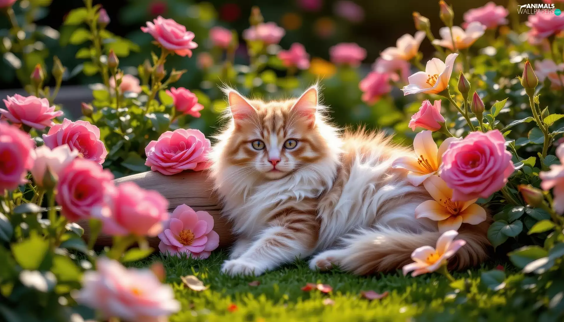 fluffy, cat, lilies, grass, roses, Red-white, lying, Flowers