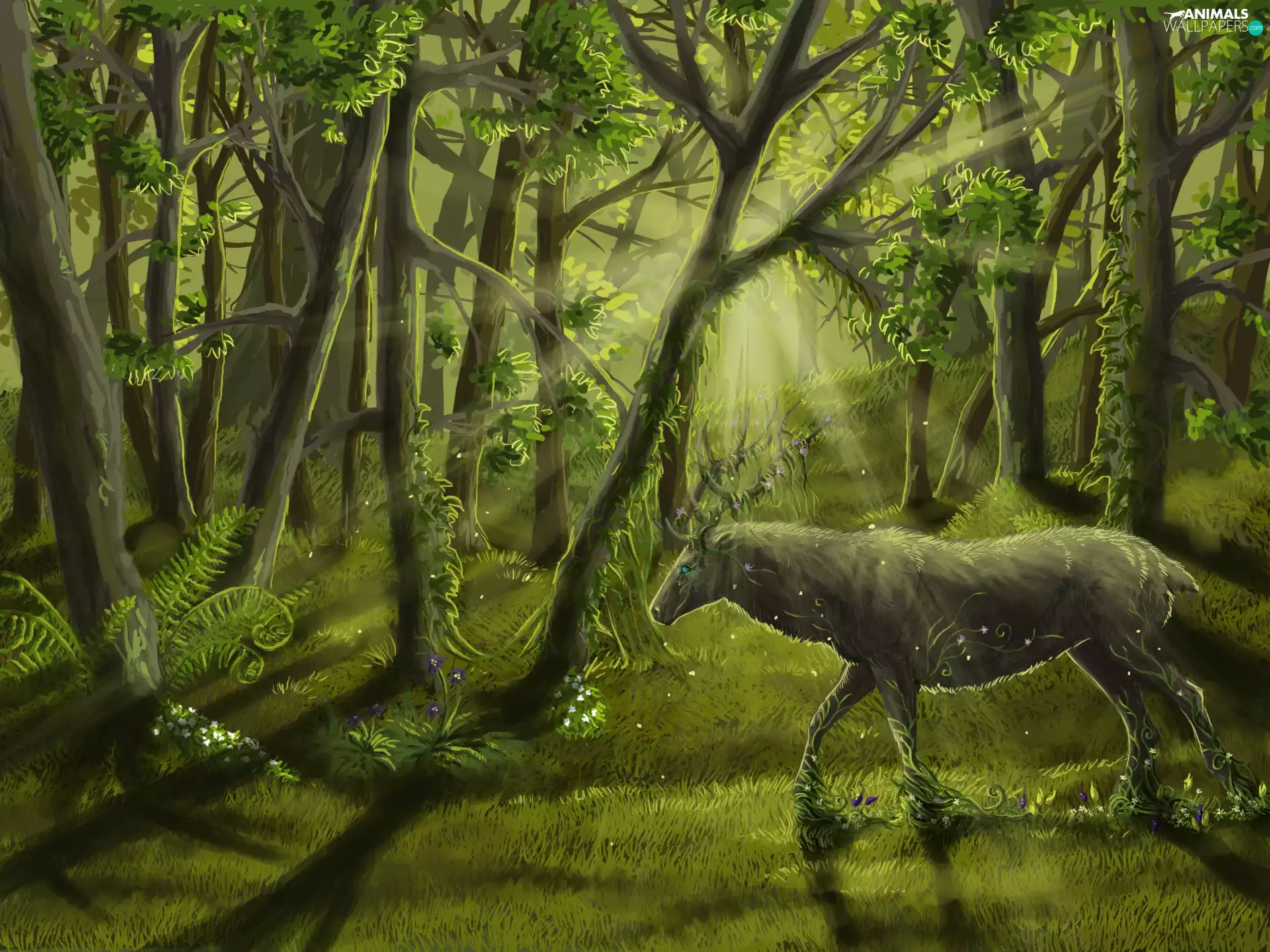 deer, Flowers, grass, forest