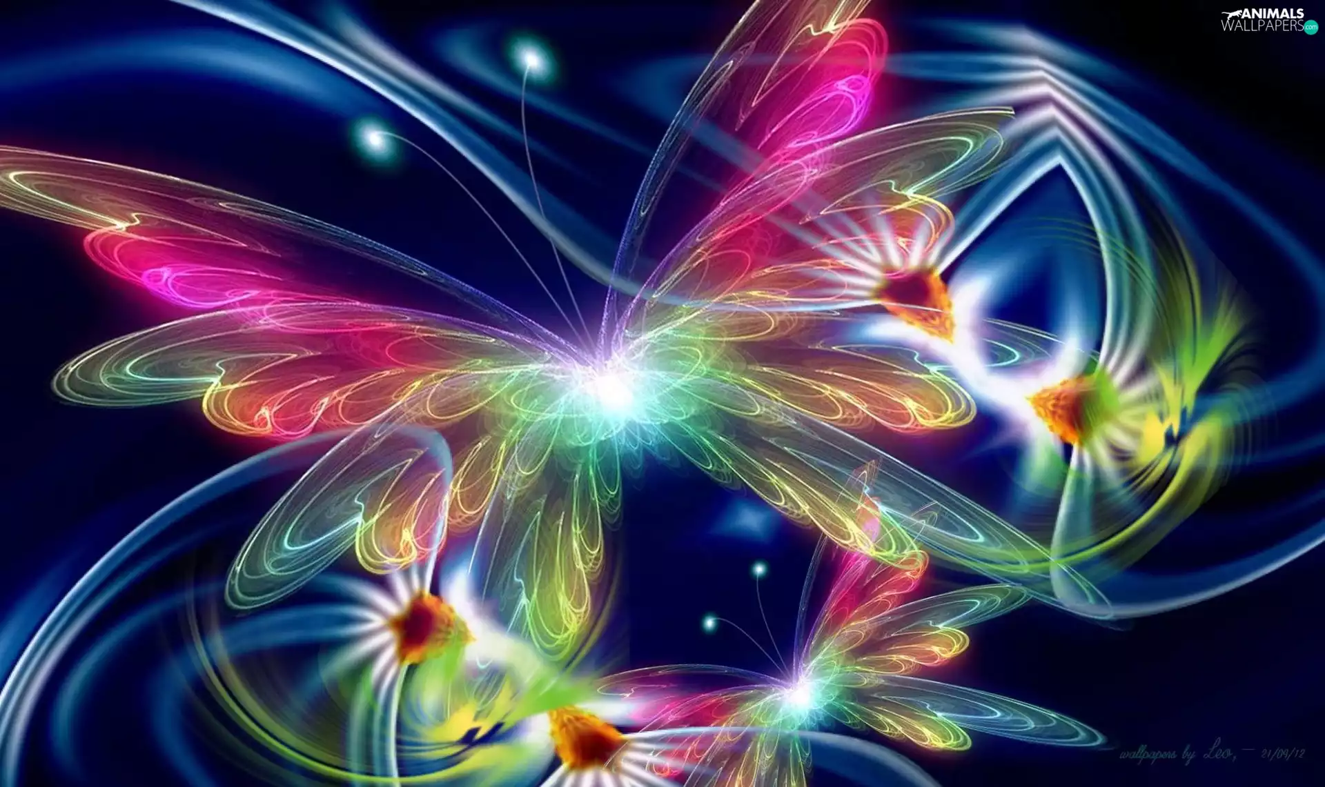 Flowers, Fractalius, glow, butterfly, graphics