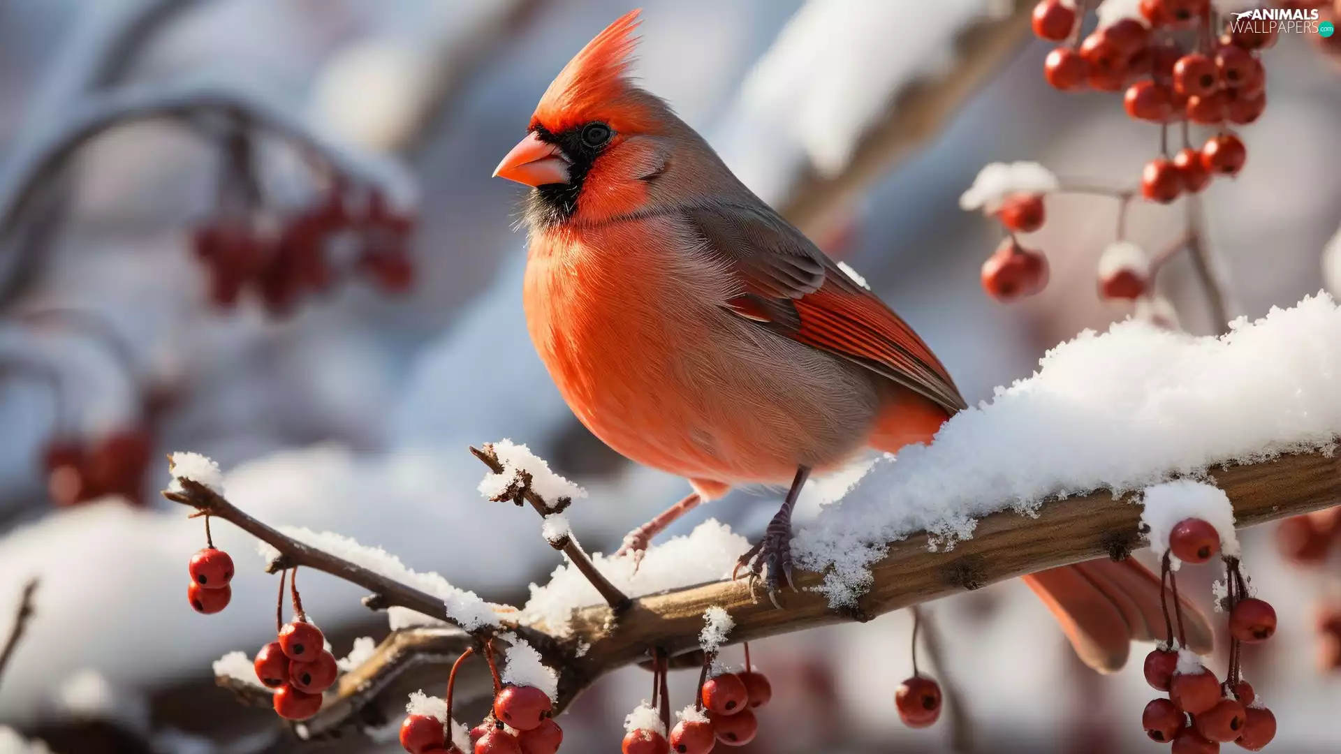 snow, Bird, Red, Fruits, Twigs, Northern Cardinal