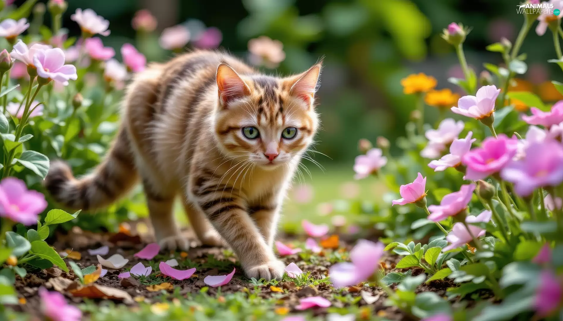 cat, grass, Flowers, Garden