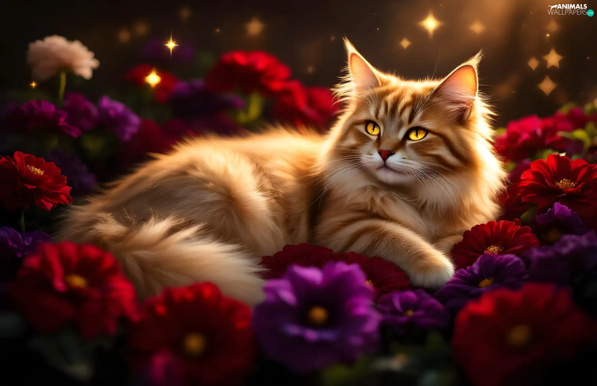 lying, cat, Flowers, ginger