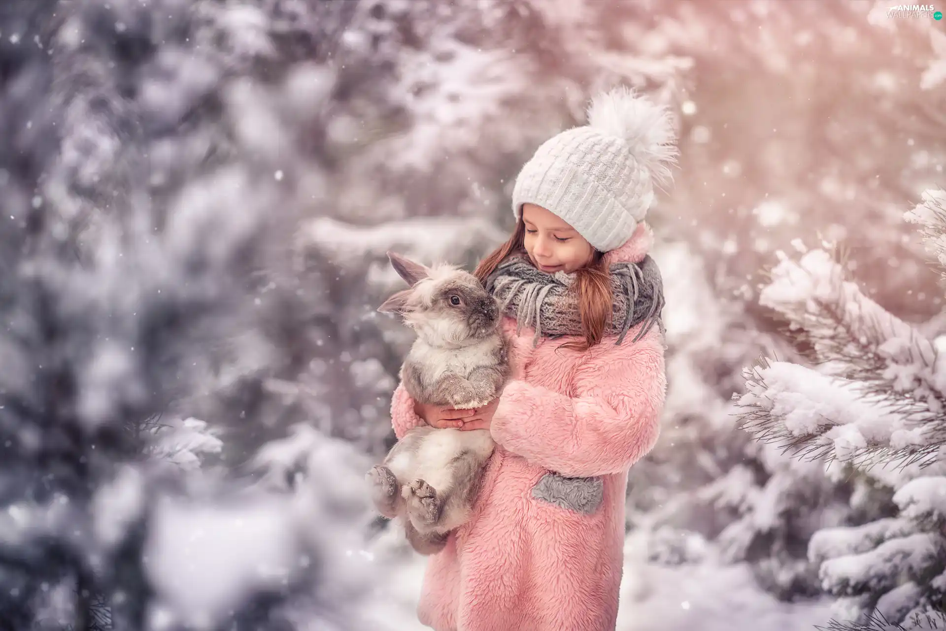 Kid, Rabbit, winter, girl