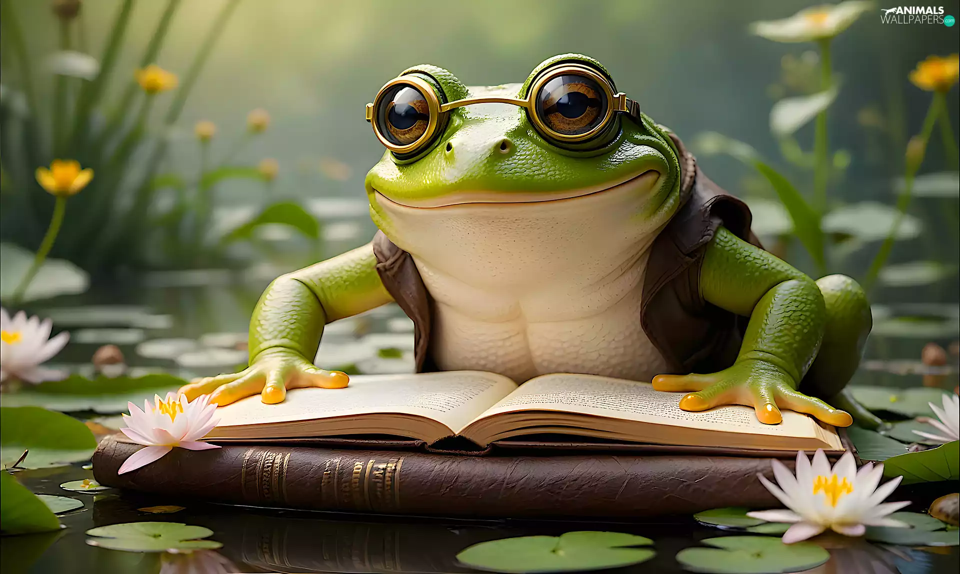 Water lilies, graphics, Glasses, Books, strange frog