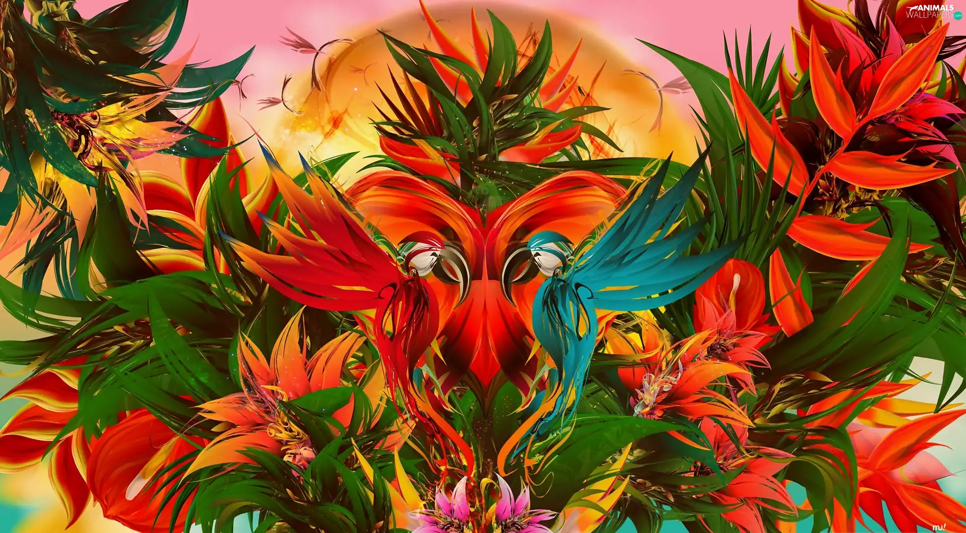 reflection, graphics, birds, Symmetric, color