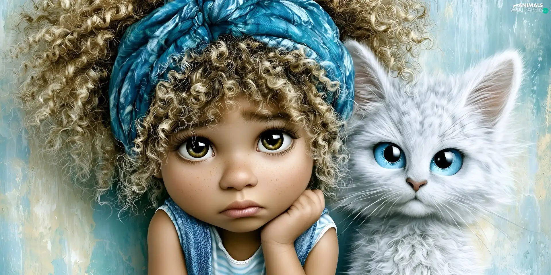 White, girl, cat, graphics, Blue Eyed, curls