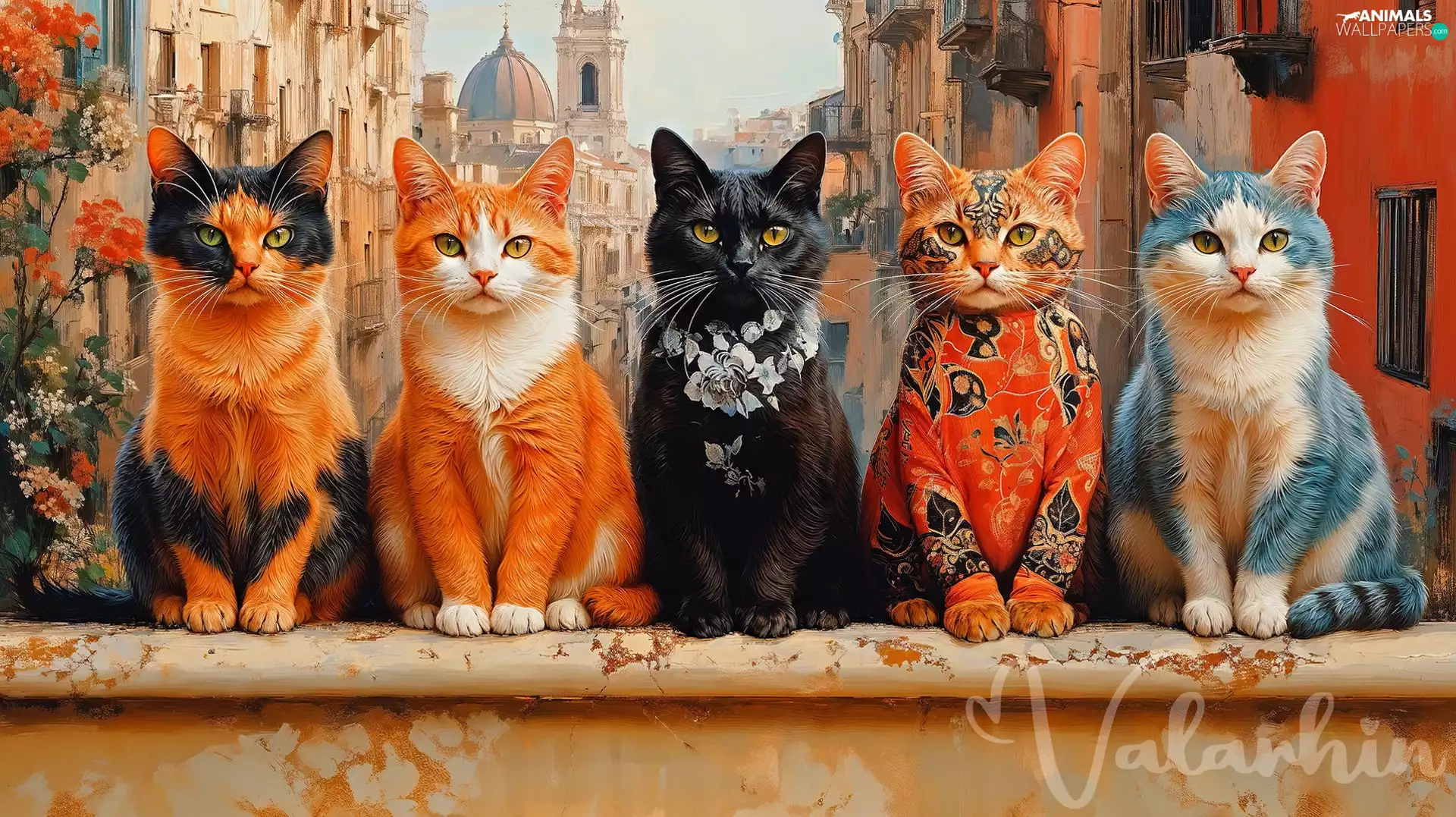 Houses, graphics, color, ledge, cats