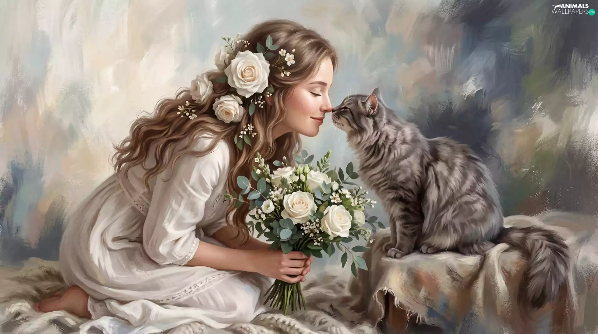 cat, graphics, Flowers, roses, girl