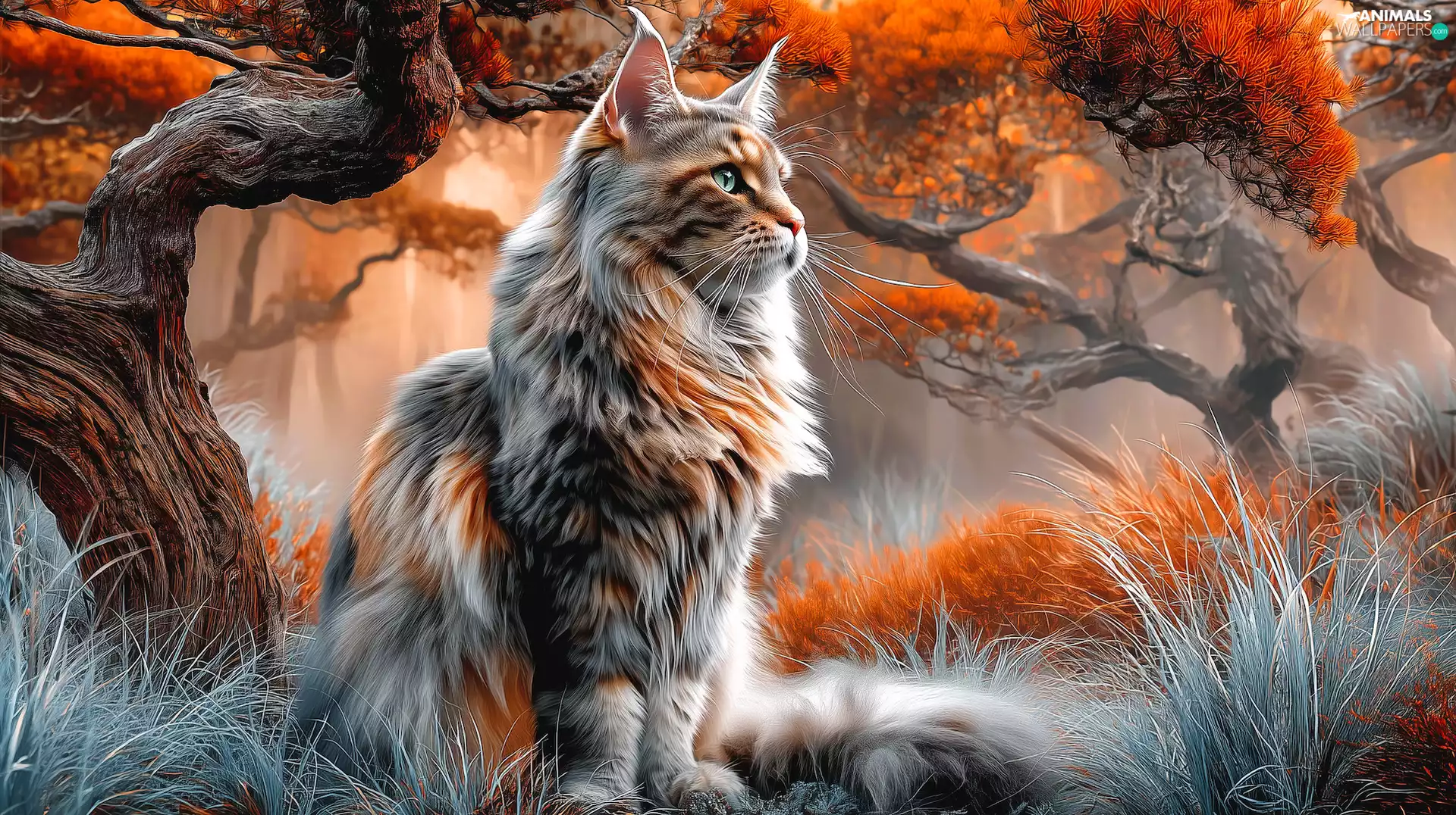 trees, cat, autumn, graphics, grass, fluffy