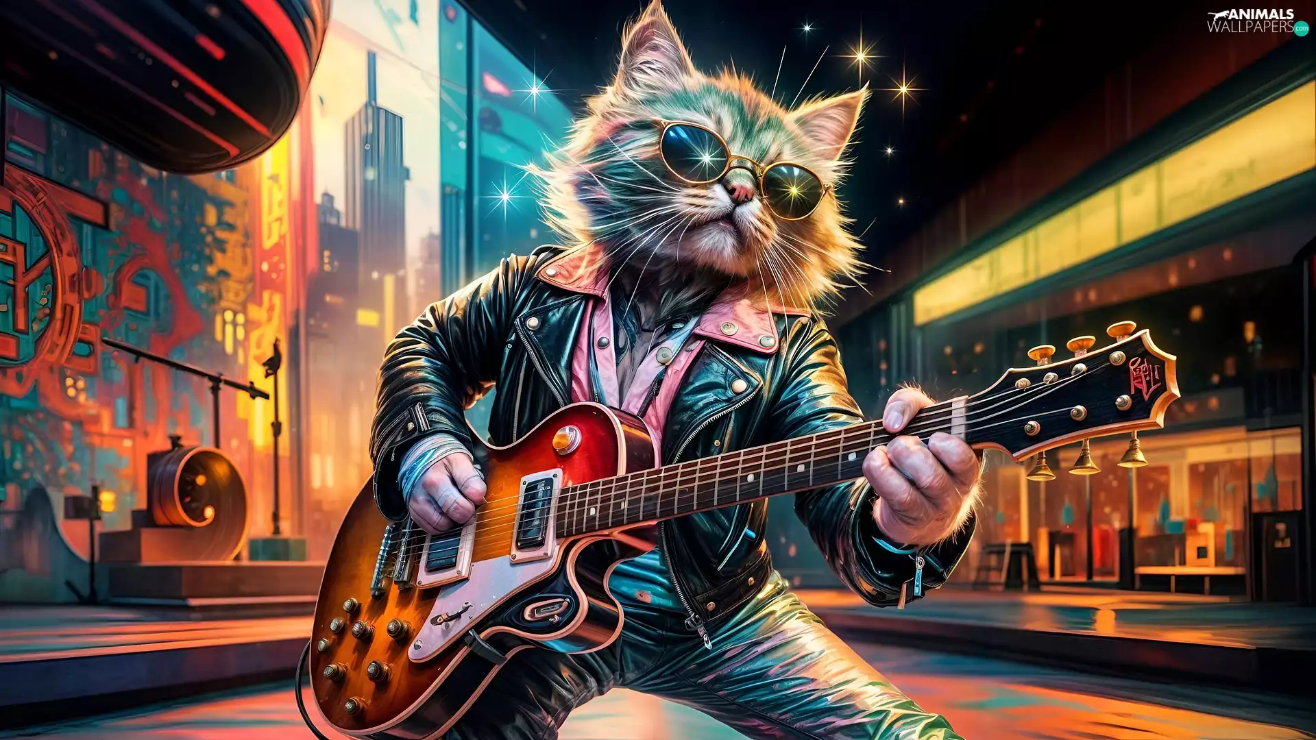 Guitar, cat, Jacked, graphics, Leather, Glasses