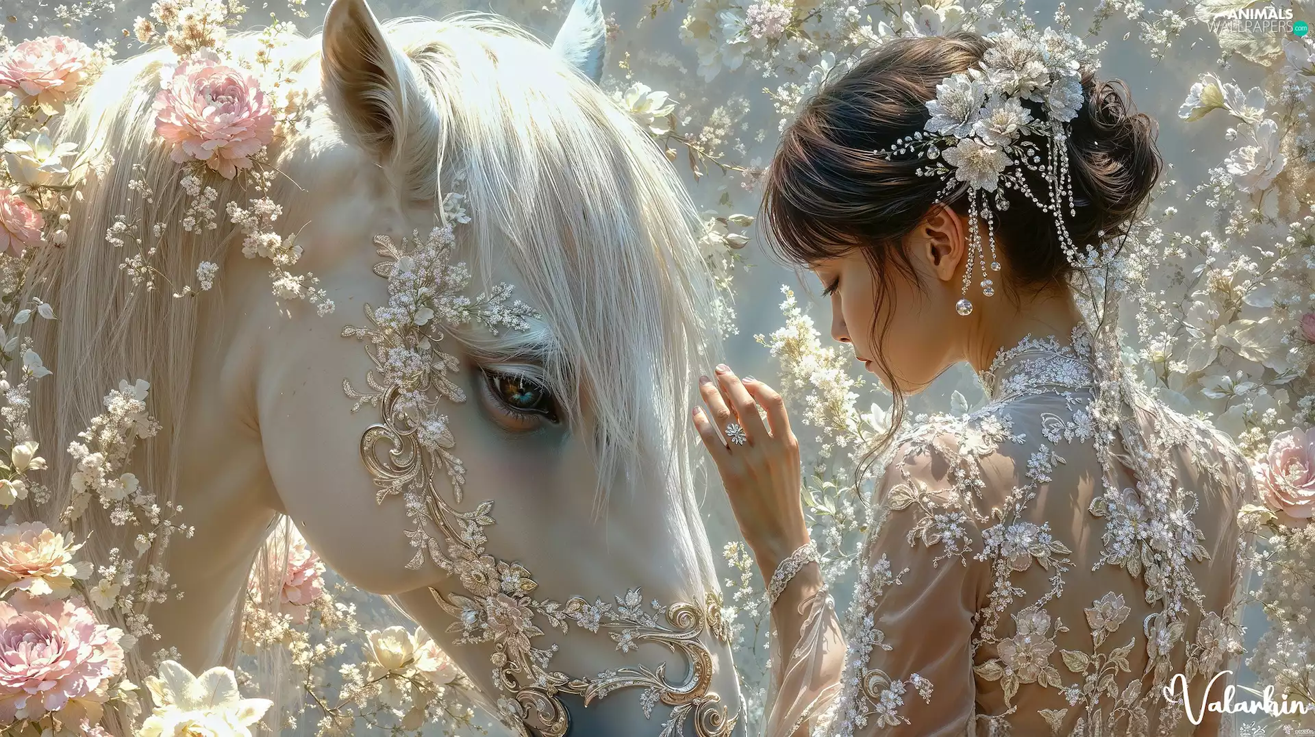 White, Women, Flowers, graphics, Horse, jewellery