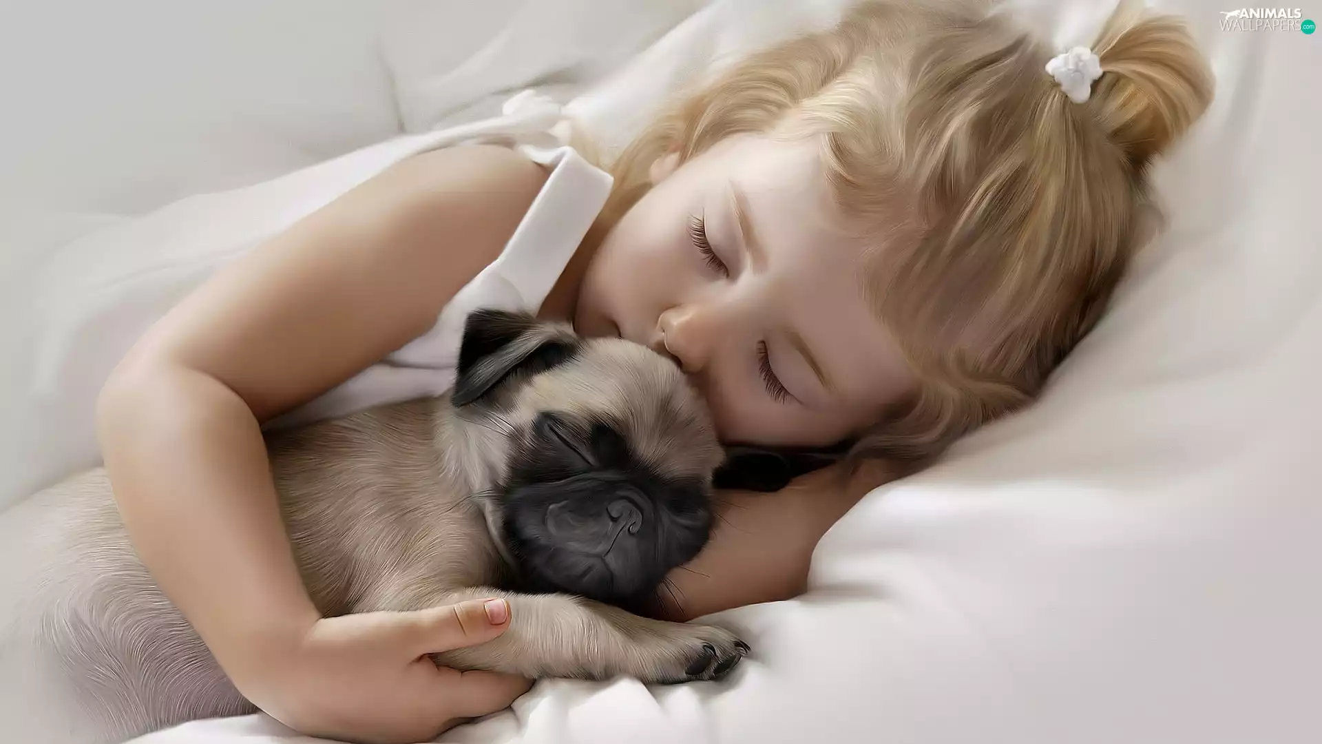 girl, Sleeping, pug, graphics, dog, Kid