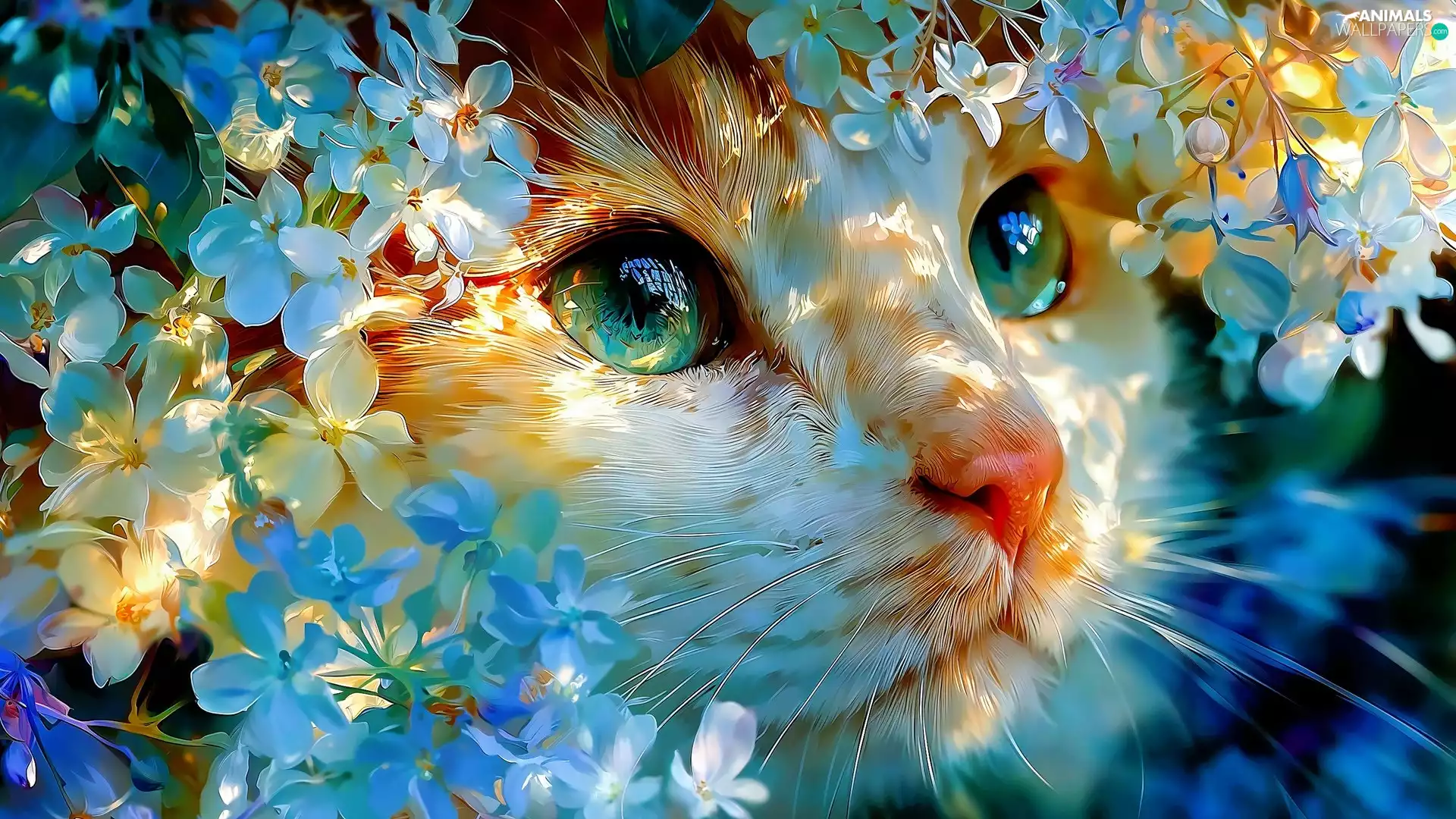 Flowers, graphics, mouth, Eyes, cat