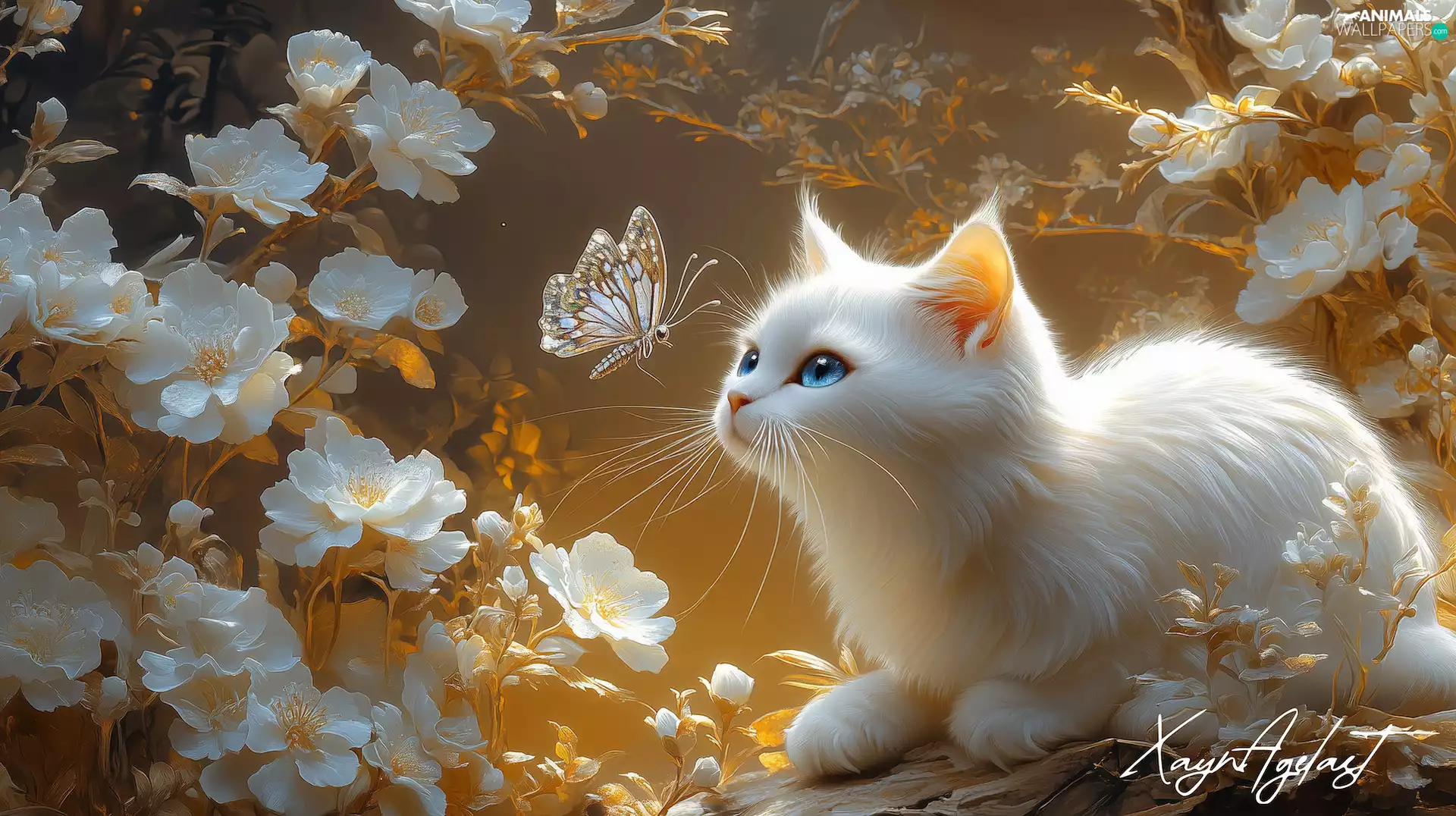 fluffy, cat, butterfly, graphics, Flowers, White