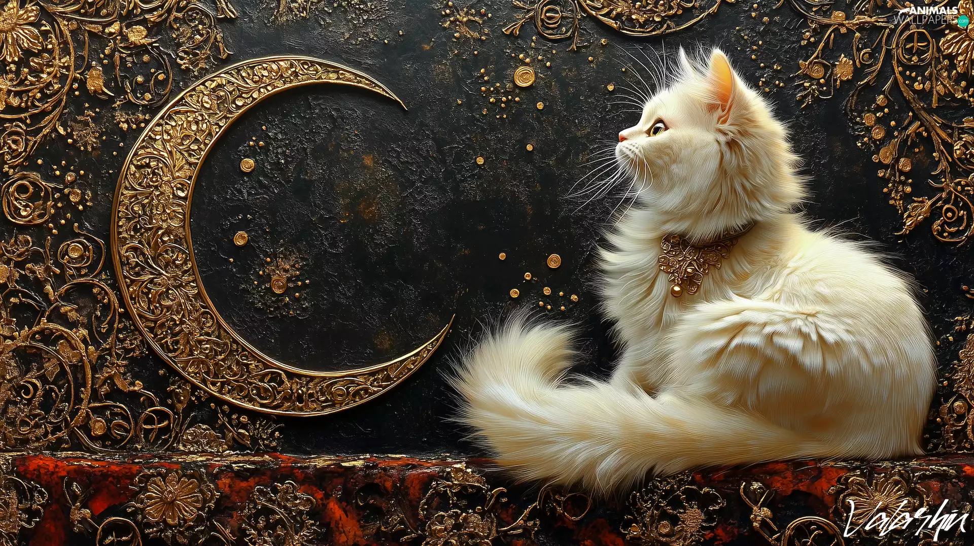 Crescent, graphics, White, fluffy, cat
