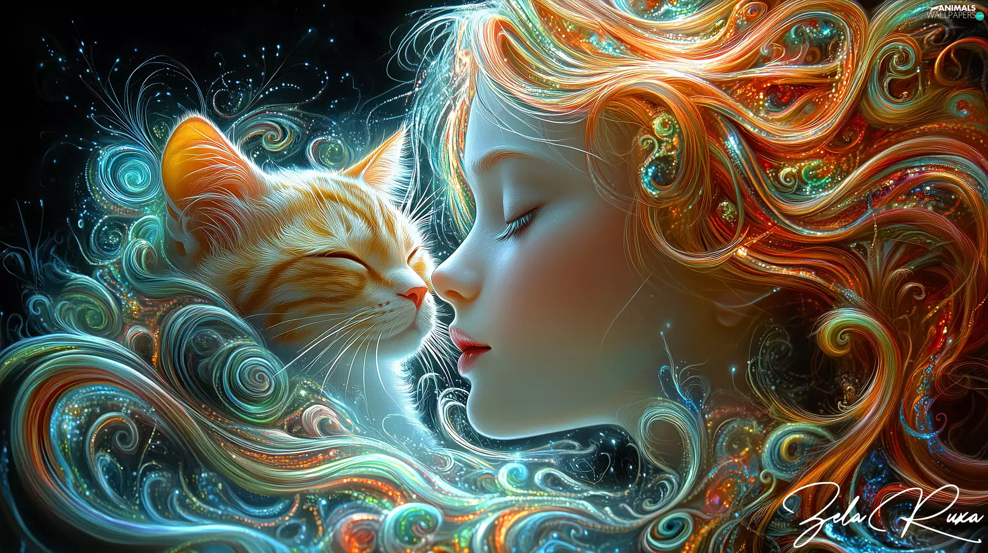 face, redhead, cat, graphics, profile, Women