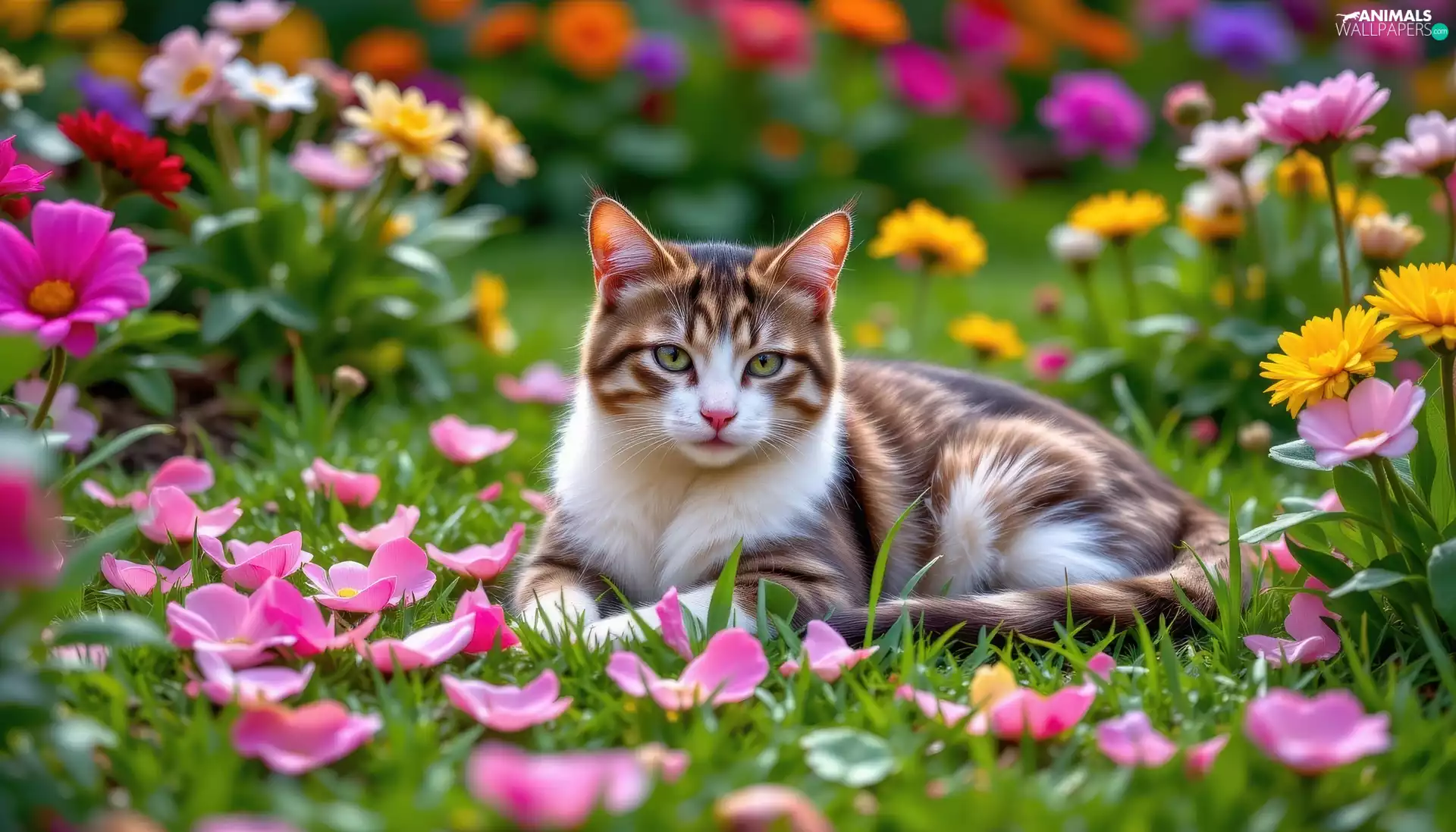 flakes, grass, lying, Flowers, cat